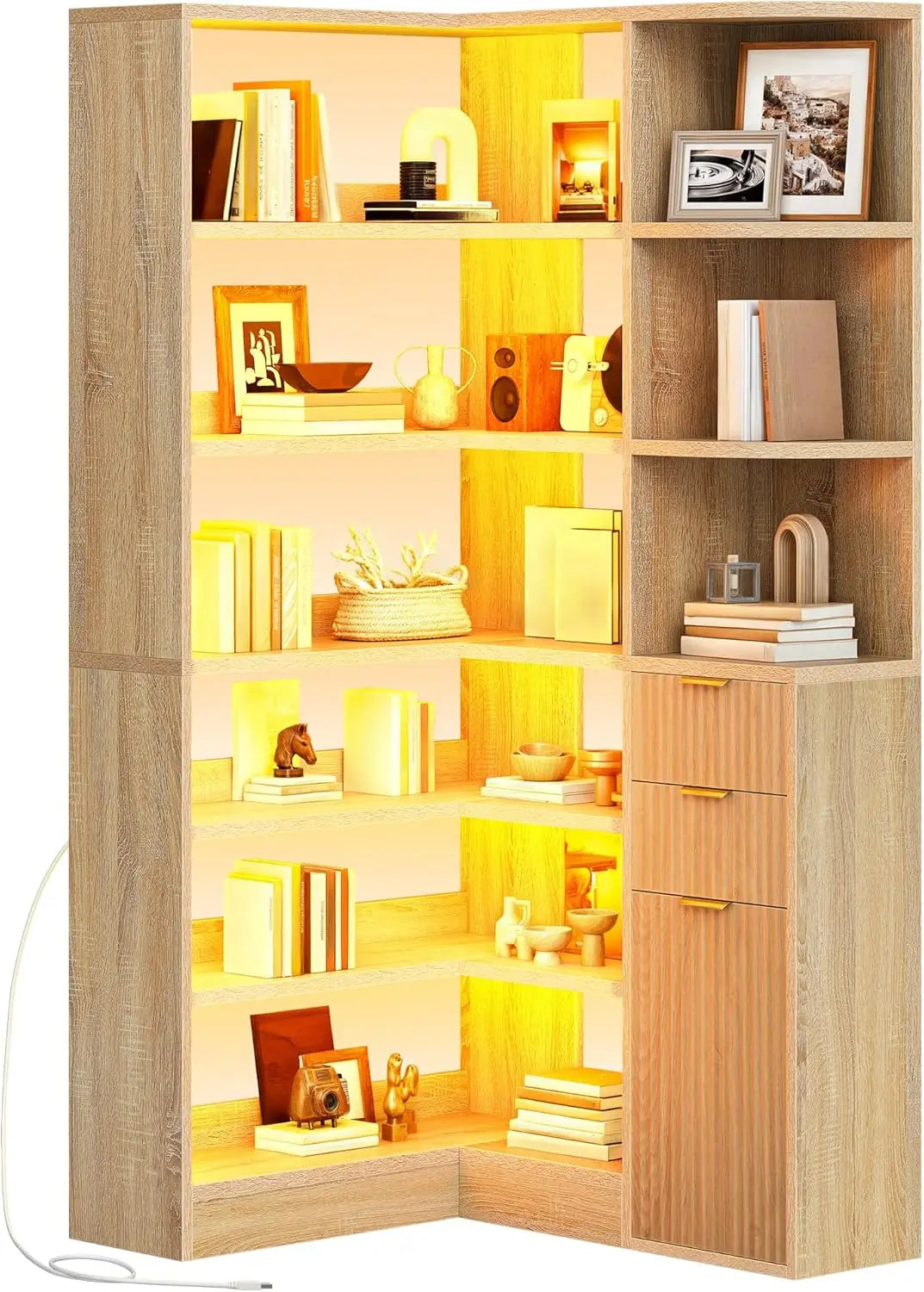 Farmhouse Style 6-Tier Corner Bookshelf with Storage Drawers and Cabinets, L-Shaped LED Lighted Bookcase