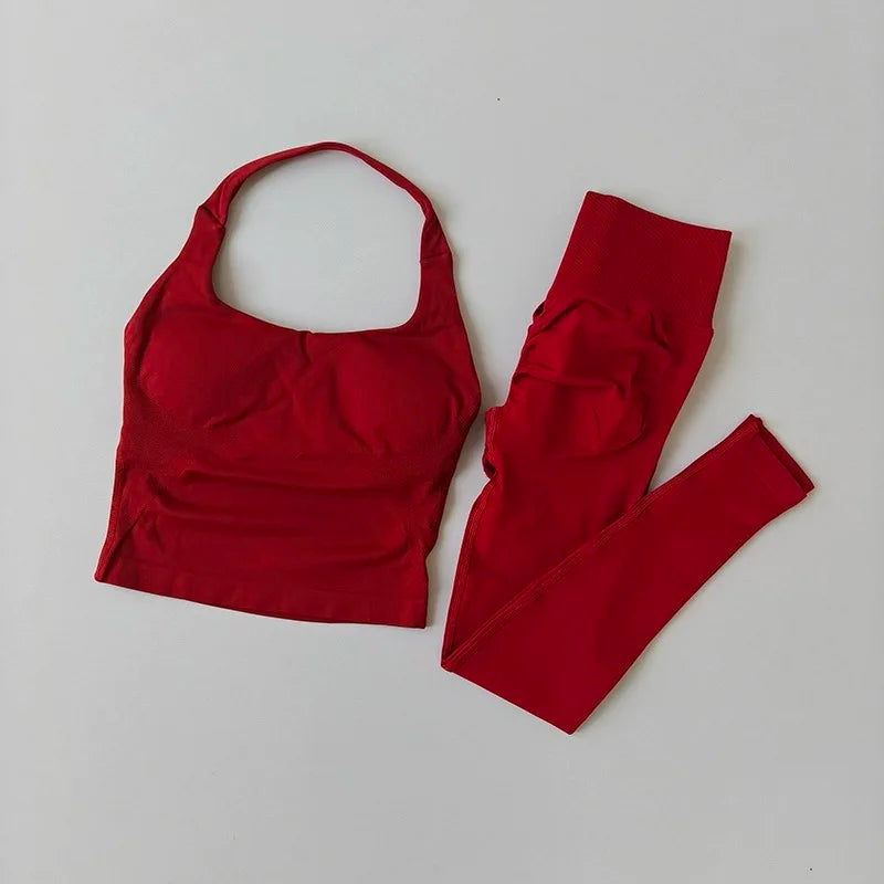 Yoga Pants High-Waisted Tummy-Control Hip-Lifting Sports Suit/ Women's Push-Up Shockproof Halter Neck Back-Slimming Fitness Set