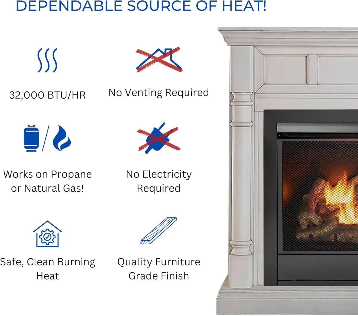 Dual Fuel Ventless Gas Fireplace System with Mantle, Remote Control, 9 Fire Logs, Use with Natural Gas or Liquid Propane