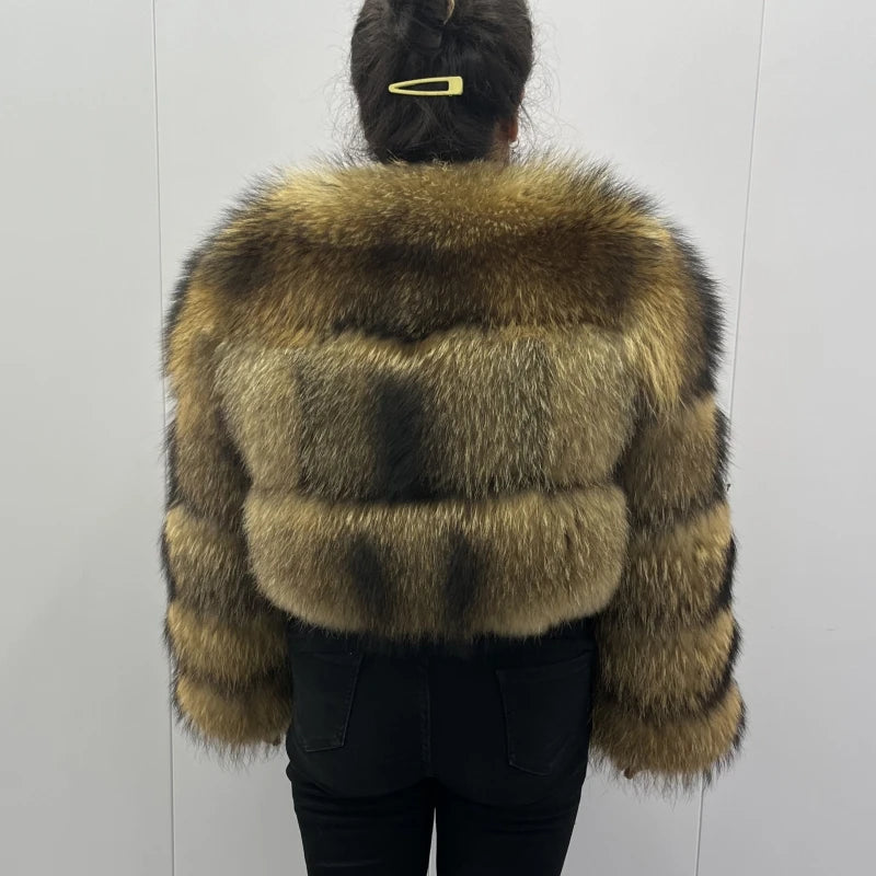 BEIZIRU Women's Short Real Raccoon Fur Coat/ Winter/ Long Sleeve Hooded/ Natural Luxury Thick Jacket for Fashionable Cold Weather