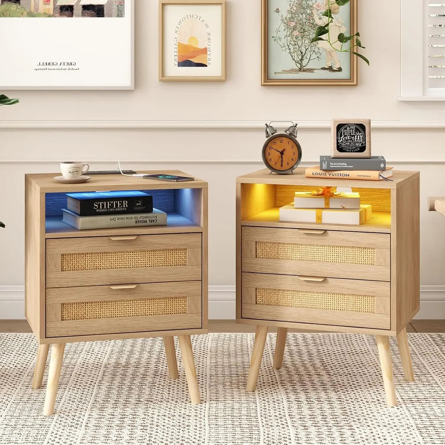 Rattan Nightstands/ Set of 2 with Charging Station and LED Lights, End Tables with 2 Drawers and Wood Legs