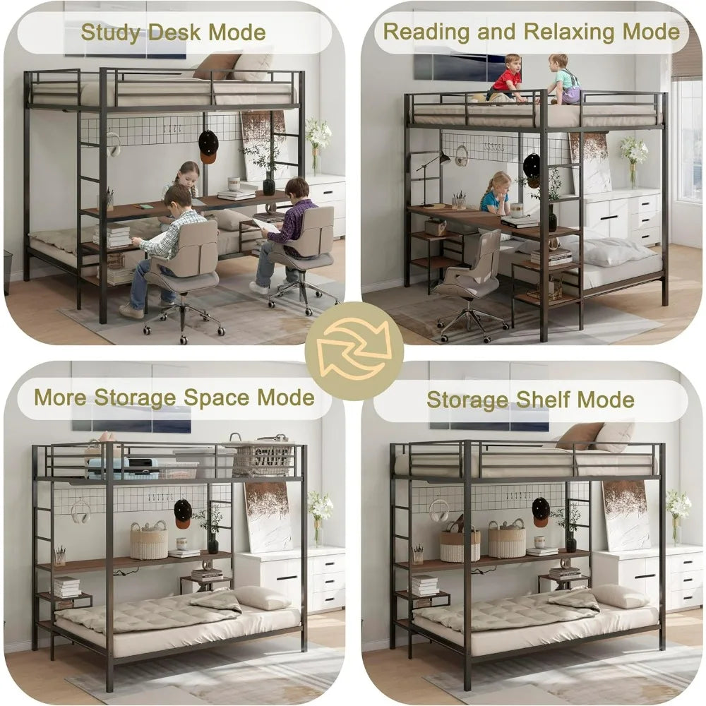 Twin-Over-Full Bunk Bed with Desk, Loft Bed with Desk and Storage, Metal Twin Bunk Beds with Charging Station
