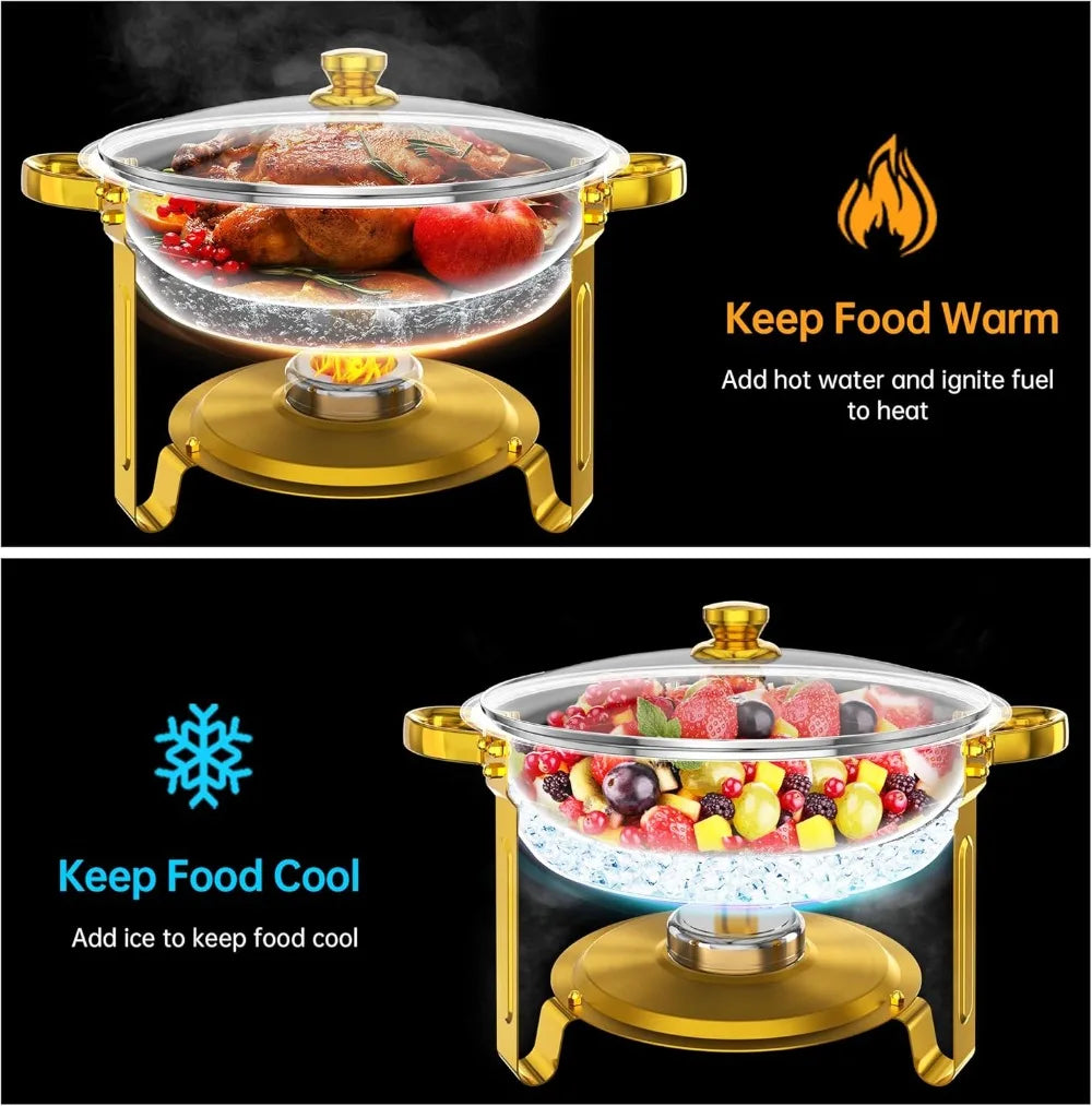 4-Pack Gold Round Chafing Dish Set, 5QT Buffet Warmers with Glass Lid for Parties, Weddings, Catering