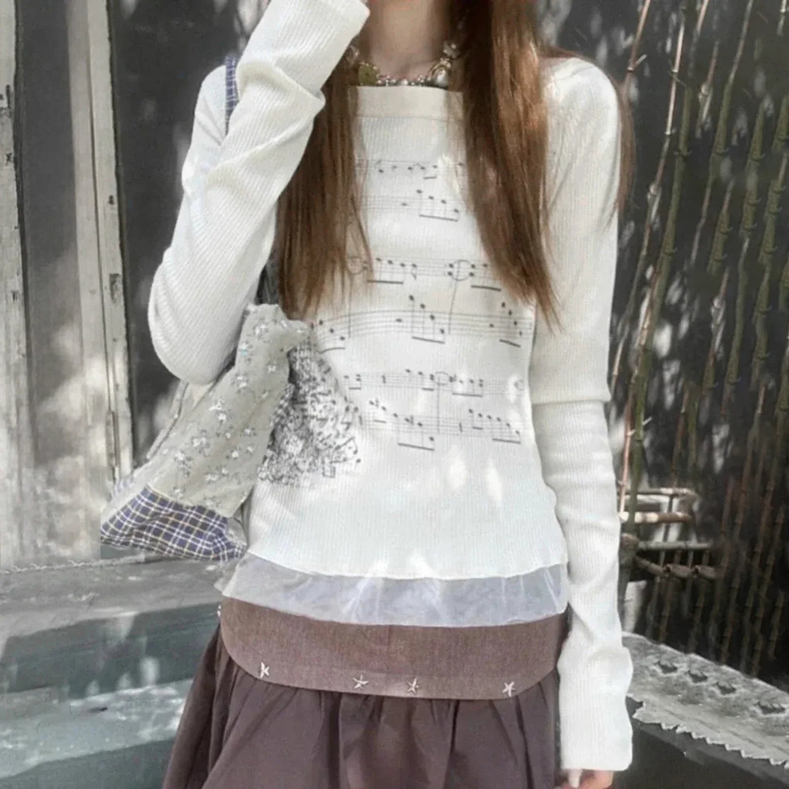 Women T-shirt Long Sleeve Boat Neck Music Note Print Patchwork Slim Fit Ladies Tops Streetwear