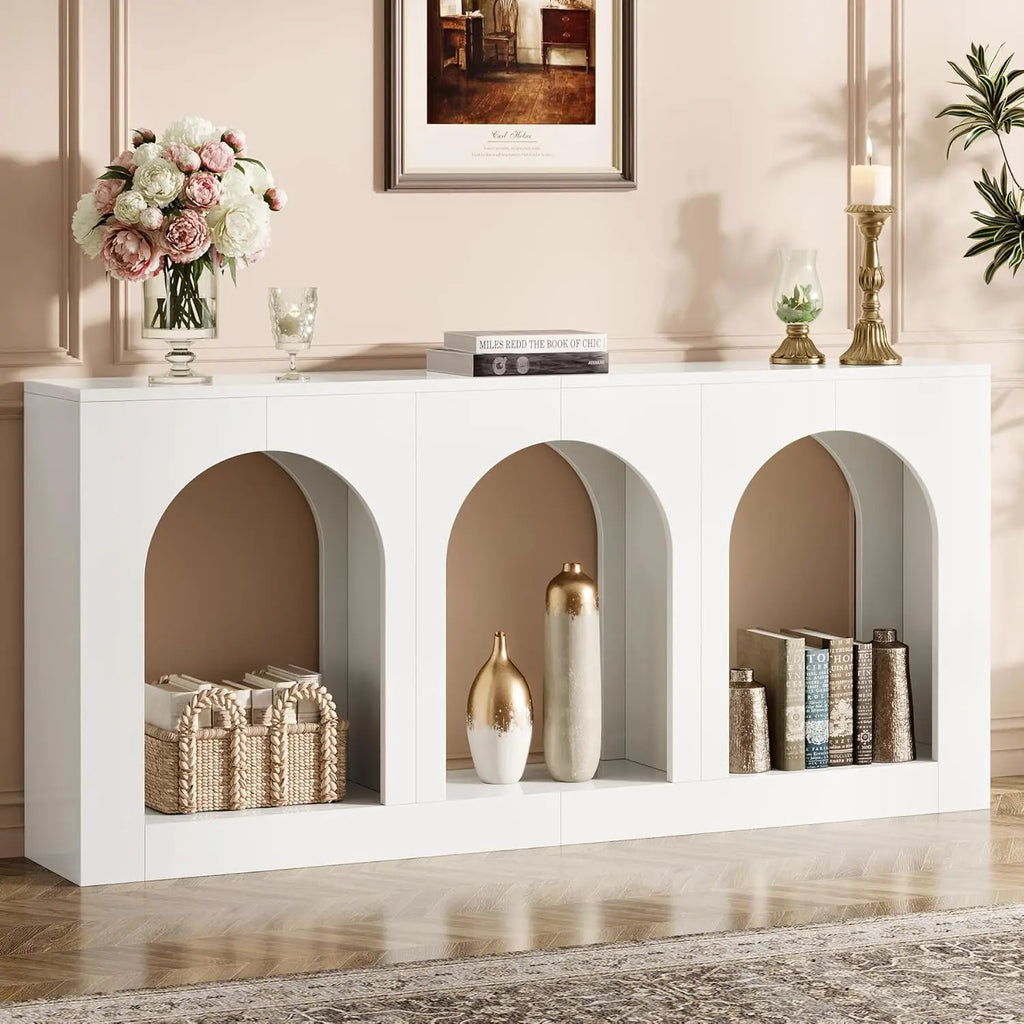 70.9" White Console Table with Storage, Wood Entryway Entry Table with 3 Arched Shelves for Foyer, Hallway, Living Room