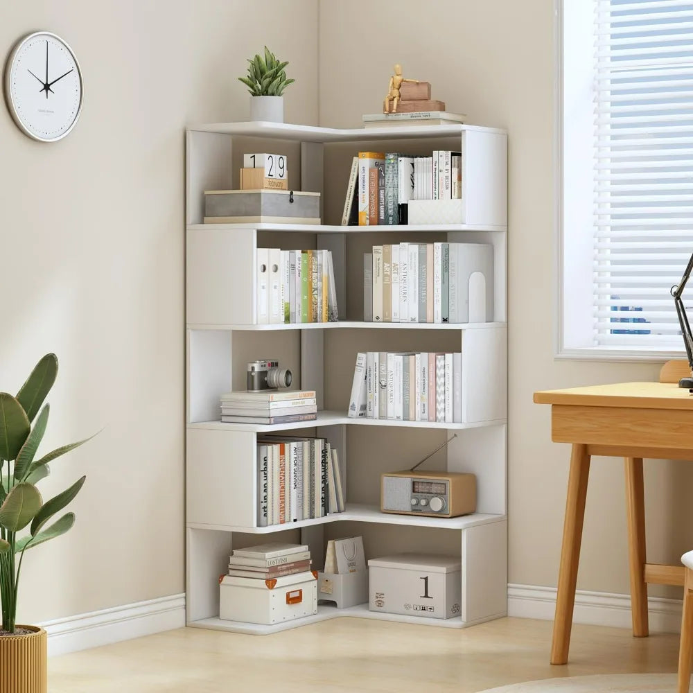 White 66" High 6-Tier L-Shaped Wooden Corner Bookshelf with Open Shelves