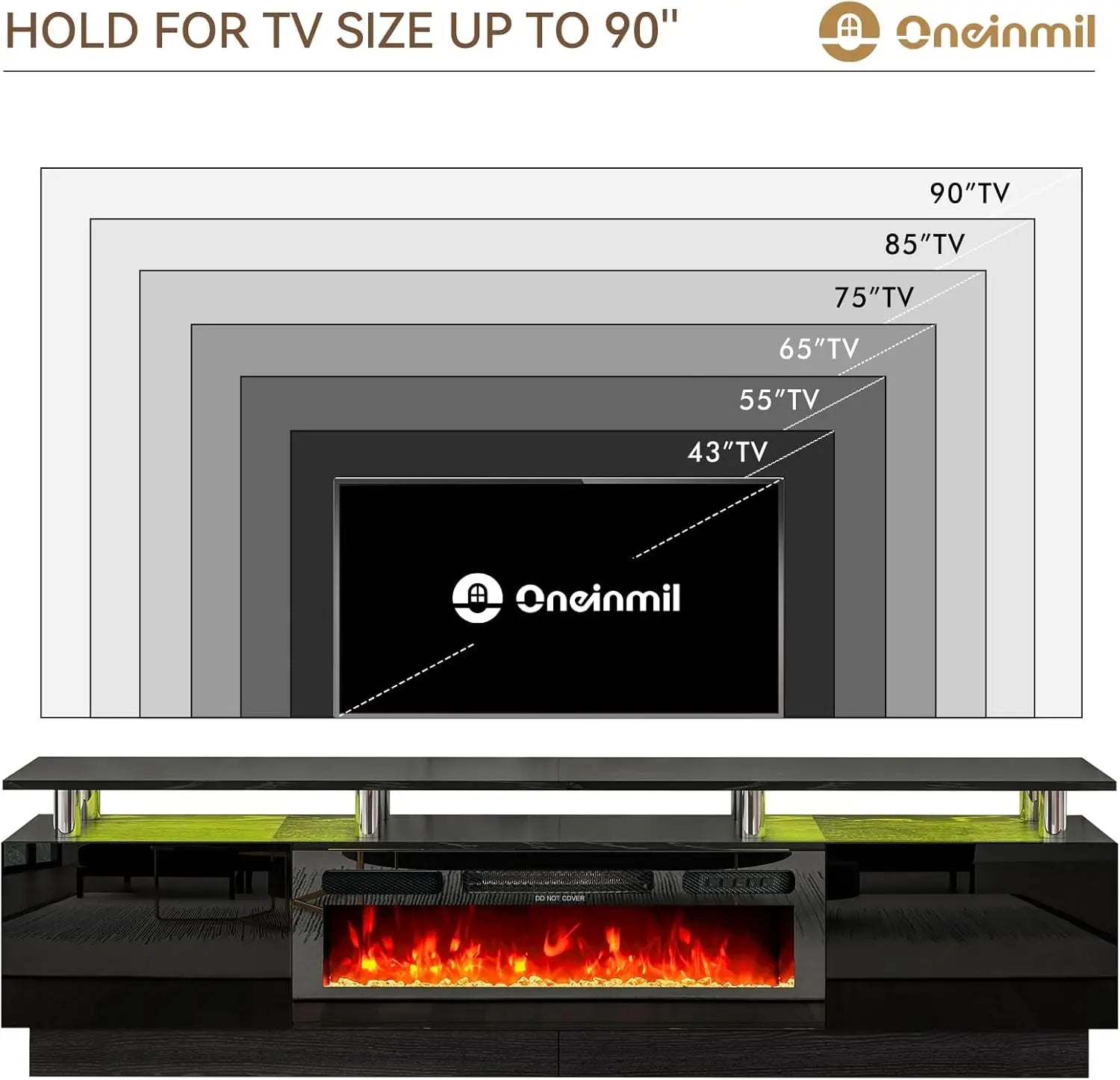 Fireplace TV Stand with 36” Electric Fireplace, 2 Tier TV Console Stand for TVs Up to 90"", LED Light Entertainment Center