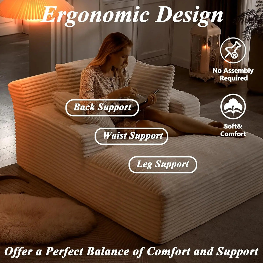 Oversized Chaise Lounge Chair with 3 Comfy Pillows for Living Room/ Bedroom, Wide Arms/ Corduroy Fabric/ High-Density