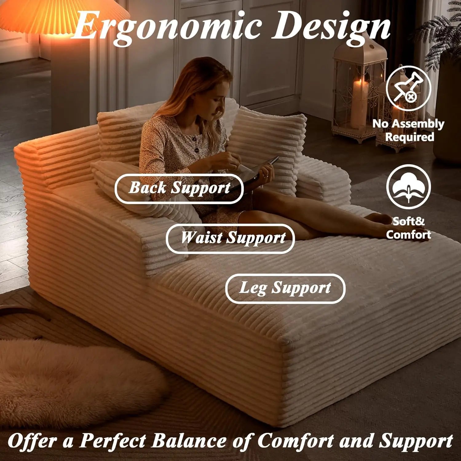 Oversized Chaise Lounge Chair with 3 Comfy Pillows for Living Room/ Bedroom, Wide Arms/ Corduroy Fabric/ High-Density