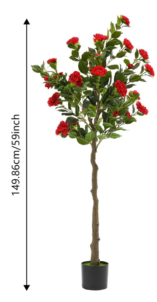 Potted Faux Camellia Plant with Red Flowers, Artificial Camellia Tree, Home Decor, Lifelike Fake Floral Tree for Patio & Office
