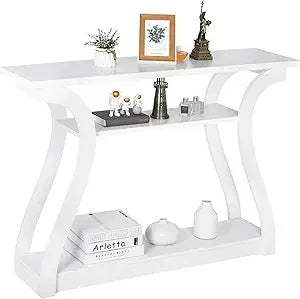 Wood Console Table for Entryway, 3 Tier Sofa Table with Curved Frame and 2 Open Storage Shelves, Narrow Table for Hallways