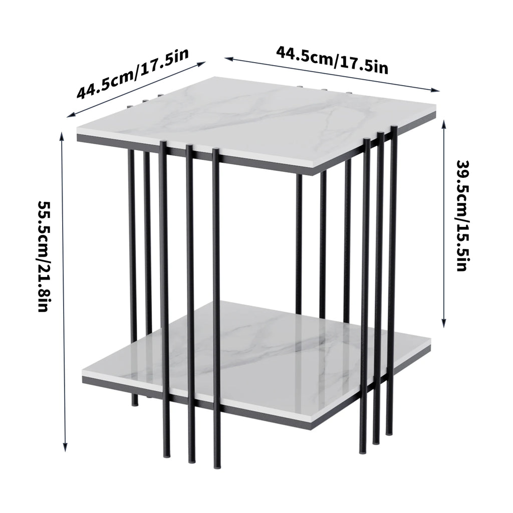 2-Tier Marble Sofa Side Table/ Coffee Table/ Modern Square Black Metal Frame for Living Room Accent