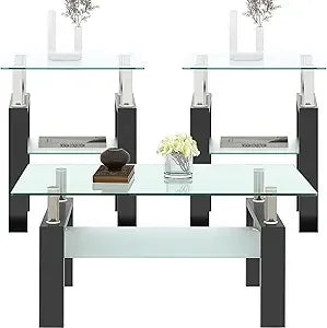 Black Glass Coffee Table Set of 3 Piece, Living Room Tables Set of 3 Pcs, Including 1 Coffee Table and 2 End Side Tables, Metal