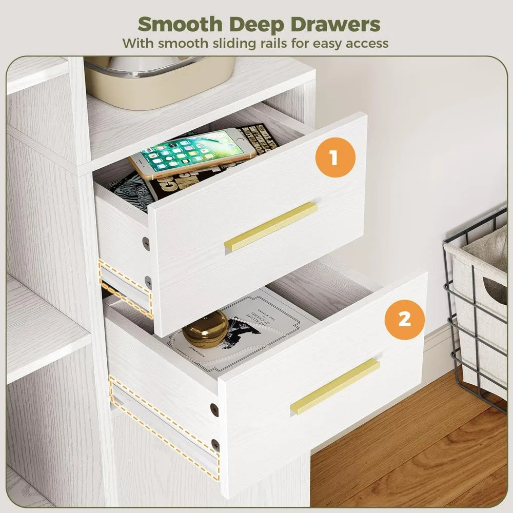 L-Shaped 76-Inch Tall Corner Bookshelf with 6 Tiers, 10 Open Shelves, and 2 Storage Drawers