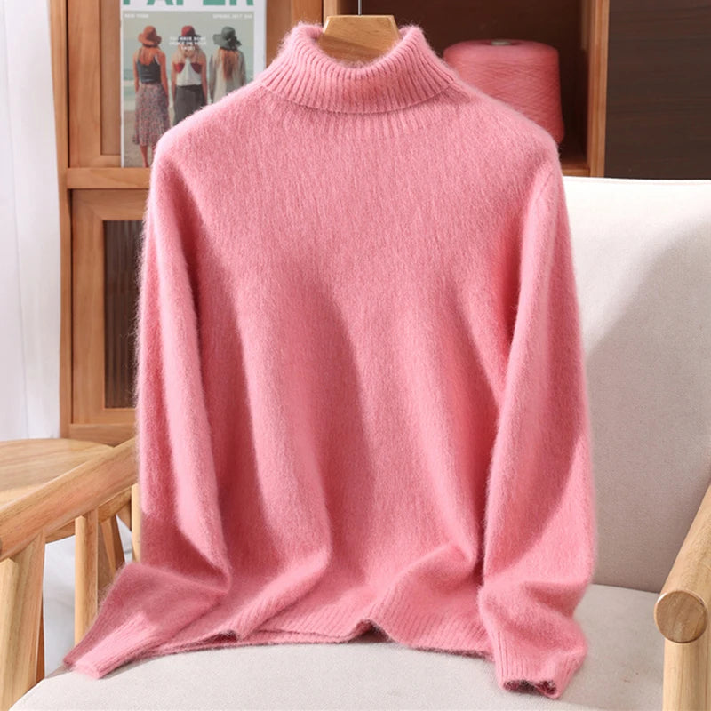 Autumn And Winter 100% Mink Cashmere Sweater, Ladies' High Lapel Solid Color Padded Pullover Wool Knitted Bottoming Shirt