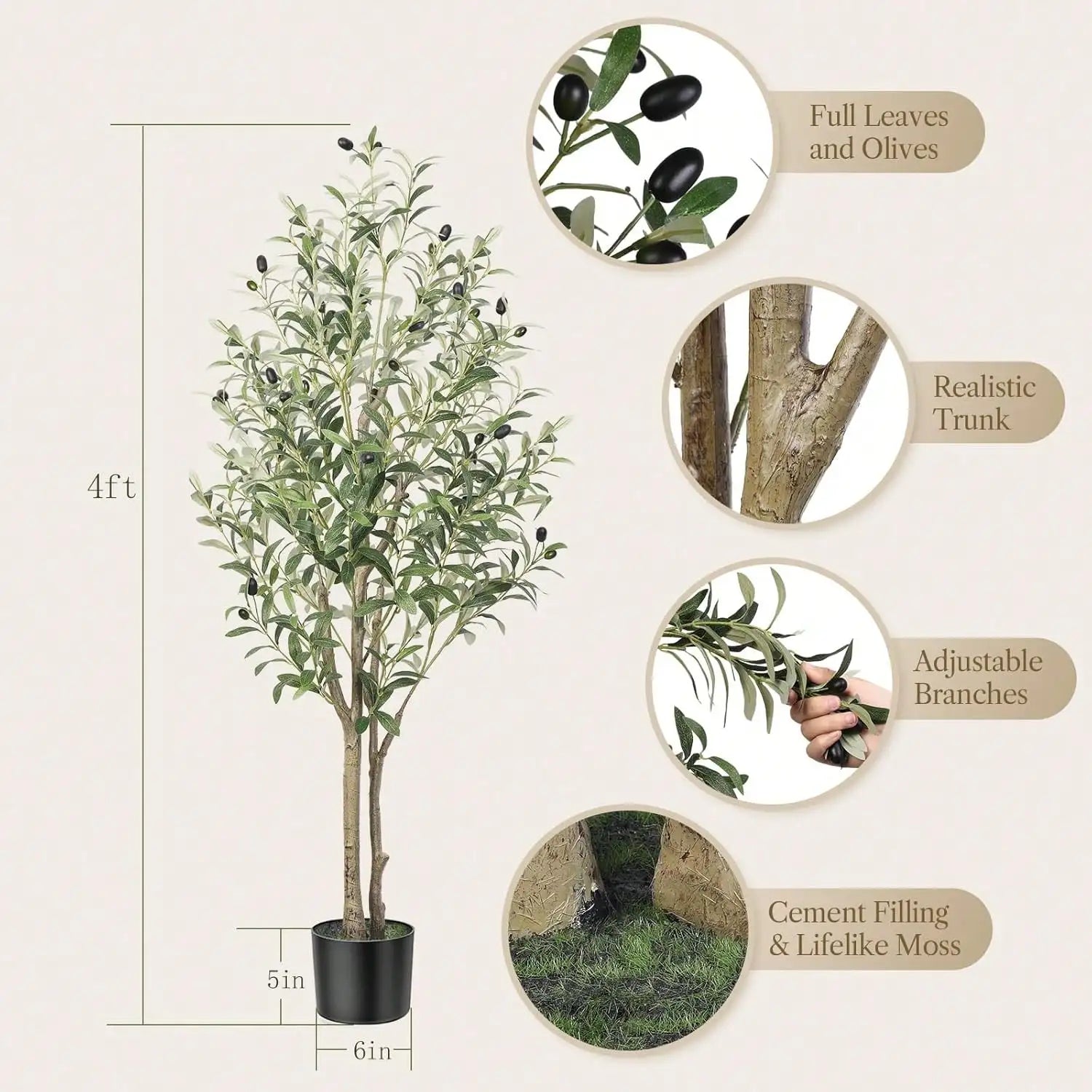 Artificial Olive Tree - 5-7ft (60-84in) Realistic Silk Plant with Natural Wood Trunk and Lifelike Fruit