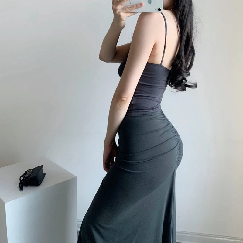 Vintage Midi Skirts for Women/ Fashion Long Skirts Women's 2022 Summer Black Bodycon Skirt Srunched Knitted Sexy Skirt