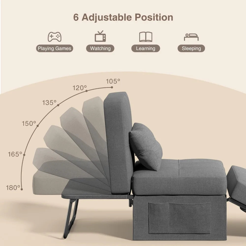 Sleeper Chair, Bed, 4 in 1 Sofa Bed, Assembly-Free Folding Ottoman with Adjustable Backrest and Pillow, Breathable Linen