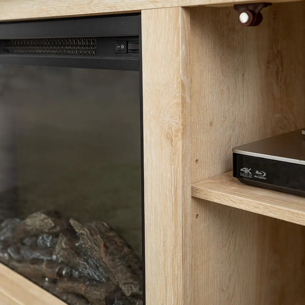 Rustic Wood And Glass Fireplace TV Stand For TV's Up To 64" Flat Screen Living Room Storage Cabinet Doors