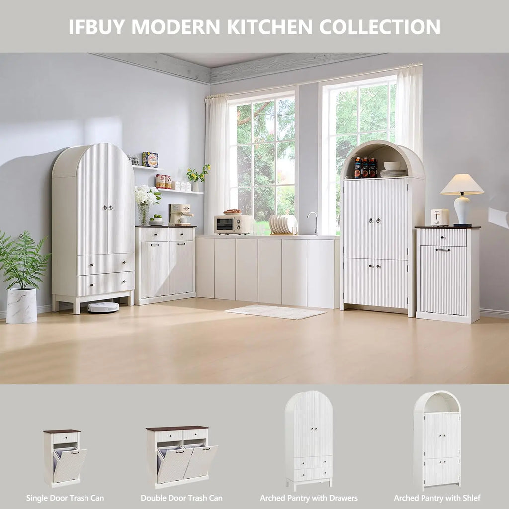 20 Gallon Fluted Laundry Hamper Cabinet w/2 Drawers, Wooden Hidden Garbage Can Cabinets with Storage Basket,White