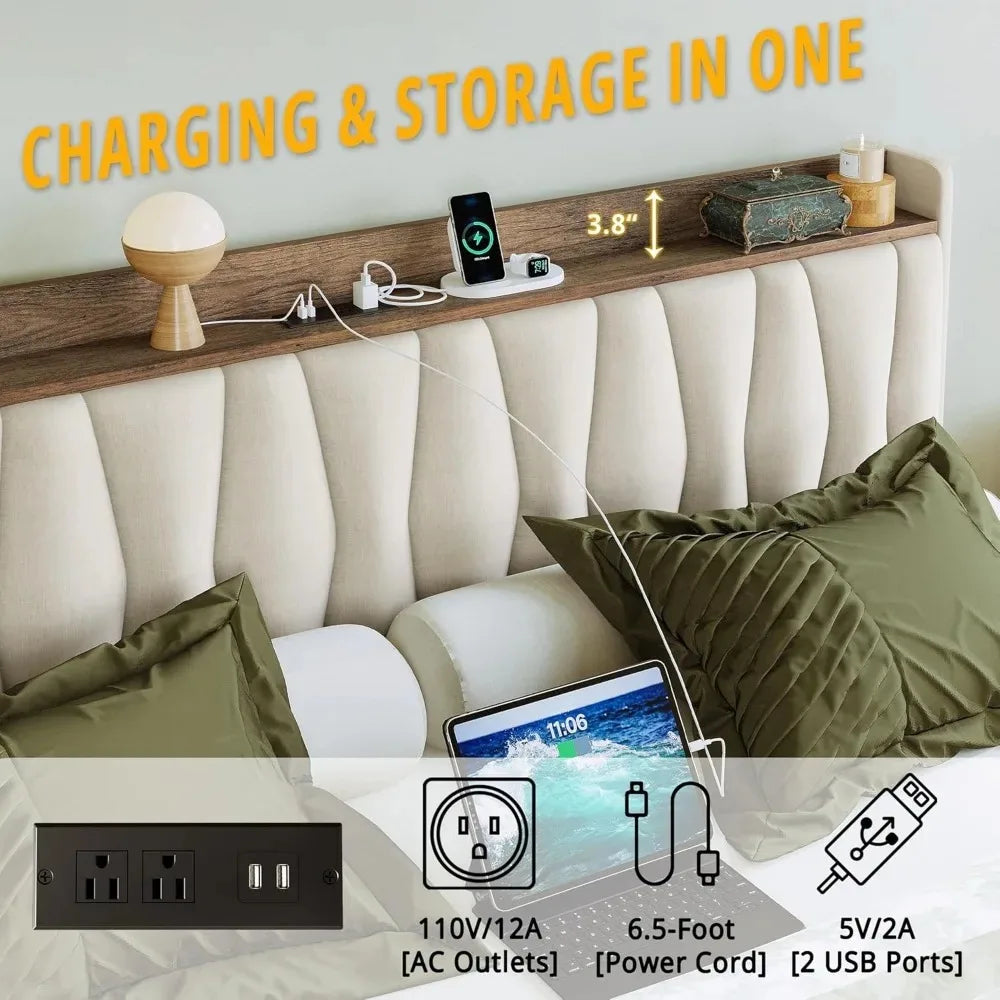 Full Size Bed Frame with 3 Drawers, Upholstered Platform Bed with Storage Headboard and Charging Station, No Box Spring