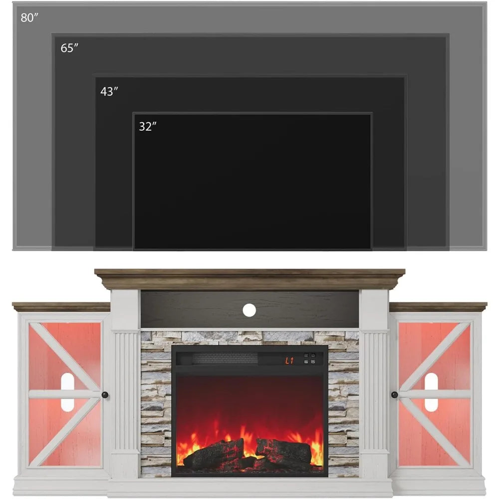Electric Fireplace TV Stand, 70" Farmhouse Entertainment Center with Open Shelf and Glass Barn Door Cabniet,