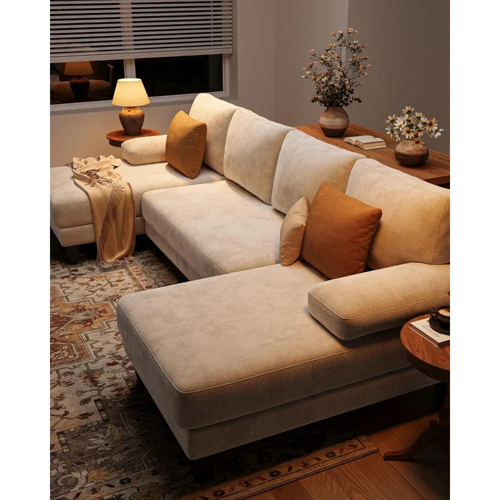 u-shaped sectional couches for living room | 112 inch sectionals couch | beige cheille sofa with double chaise for apartment