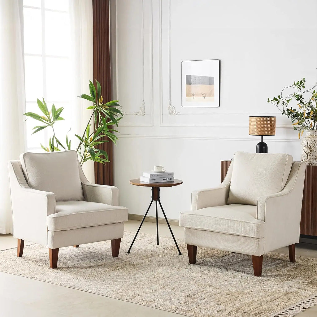 Mid-Century Accent Chairs Set Of 2, Beige Upholstered Armchair Comfy Sofa Chairs for Reading, Chairs have High Backs