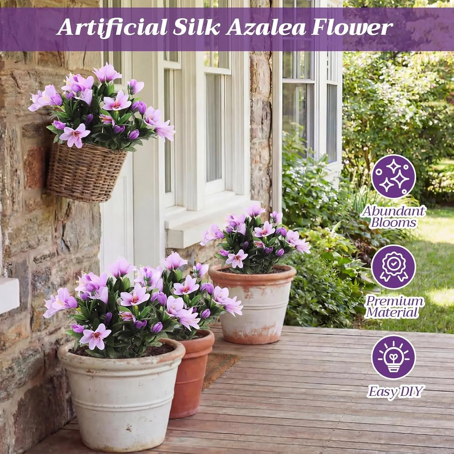 6 Bundles Artificial Faux Spring Flowers for Outdoor, Faux Azalea with Leaves Fake Plants Silk UV Resistant Realistic