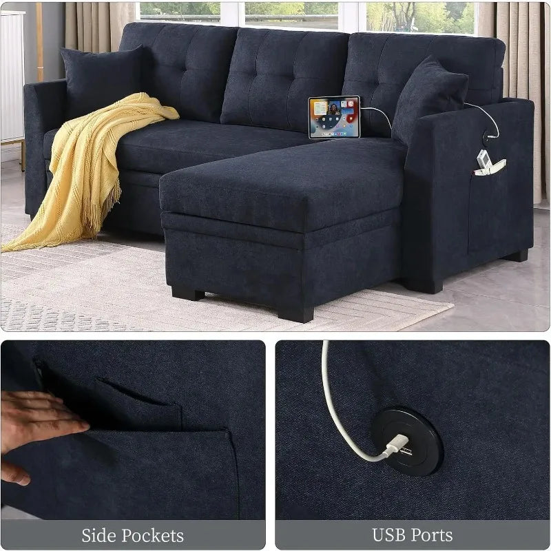 Convertible Sleeper Sofa Bed with L-Shaped Sectional, Reversible Storage Chaise, Dual USB Ports, and Side Pockets