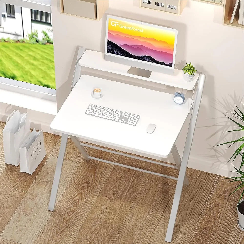 Customizable-Folding Desk/ No Assembly Required/ Large Size 2-Tier Foldable Computer Desk With Shelf For Home Office, Space Saving