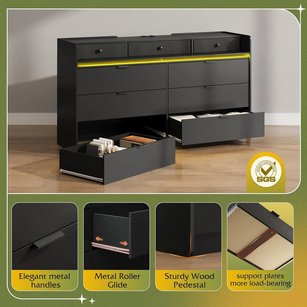 9 Drawer Led Dresser for Living/ Bedroom, Black Wood with Power Outlets for 65'' TV,