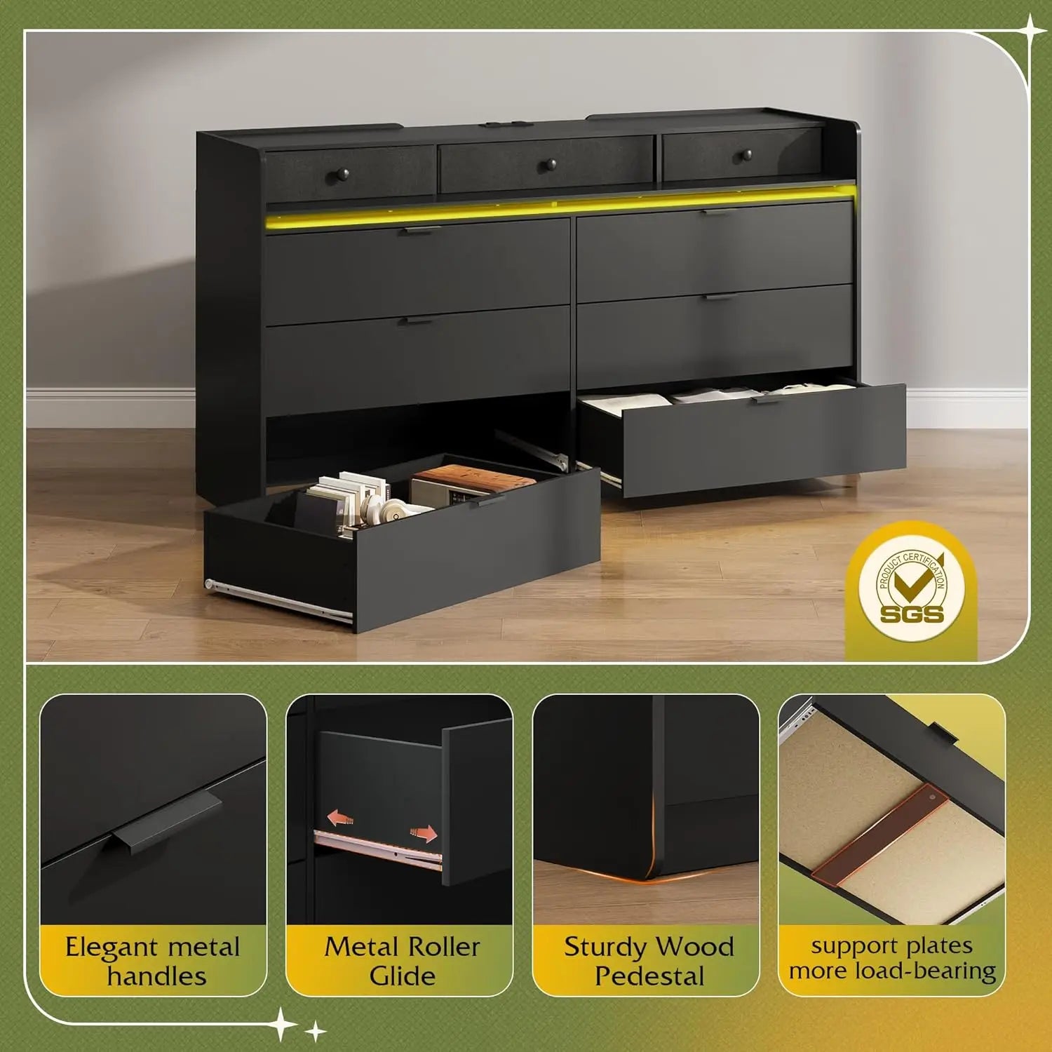 9 Drawer Led Dresser for Living/ Bedroom, Black Wood with Power Outlets for 65'' TV,