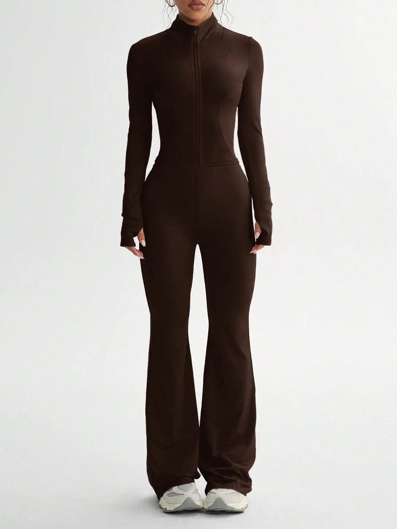 BWQ Women's Solid Color Long Sleeve Top And Fitted Sports Pants Set, Suitable For Fitness And Workout