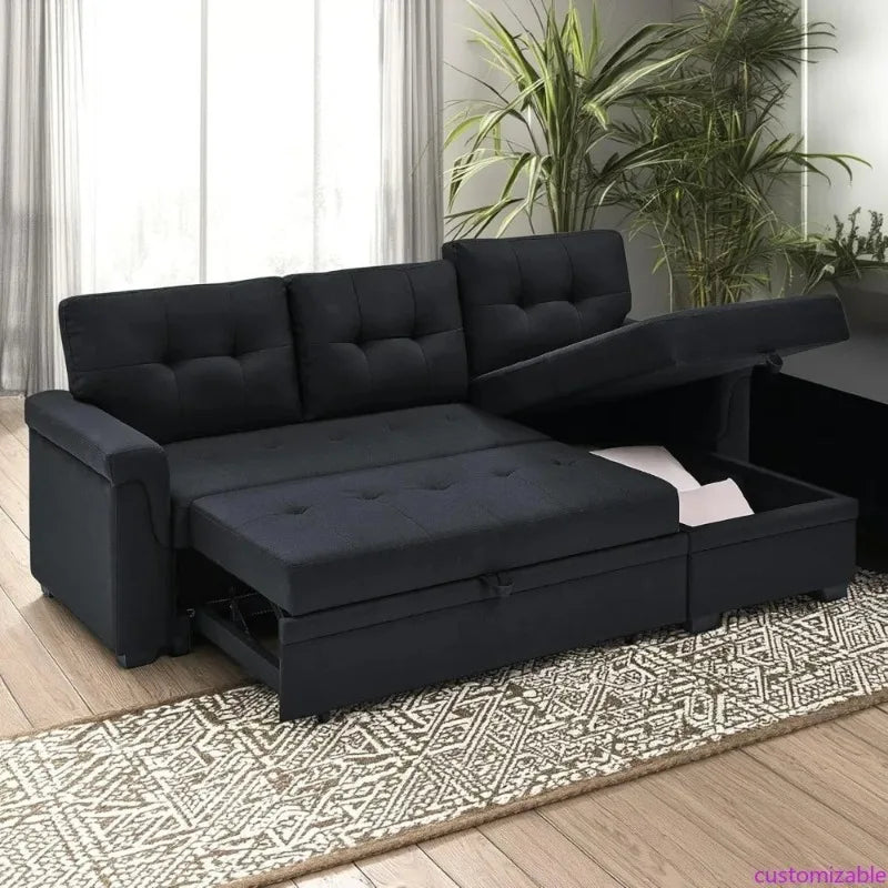 Modern 86" L-Shaped Sectional Sofa with Reversible Chaise, Storage, and Pull-Out Sleeper Bed for Living Rooms and Apartments
