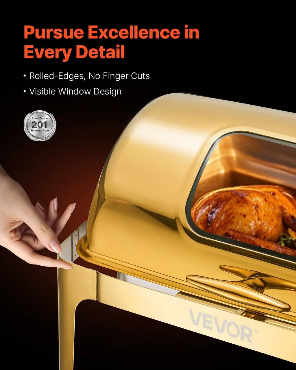 Roll Top Chafing Dish Buffet Complete Set, 9 Qt Stainless Steel Chafer with Full Size Pan, Rectangle Catering Warmer Server