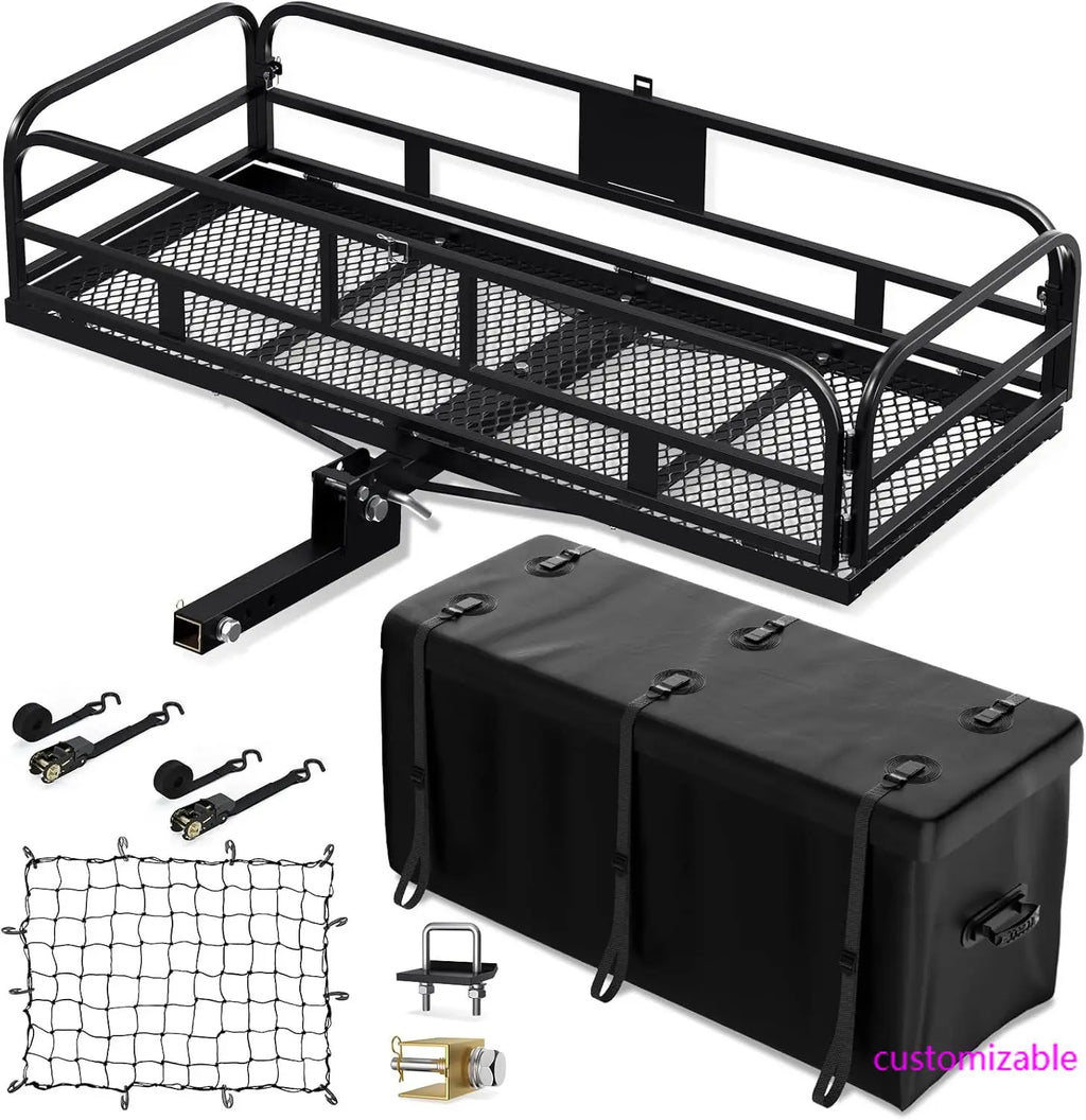 Hitch Cargo Carrier with 500 LBS Capacity, 60 x 24 x 14 Basket, Fits 2 Receivers, Includes Waterproof Bag and Cargo Net