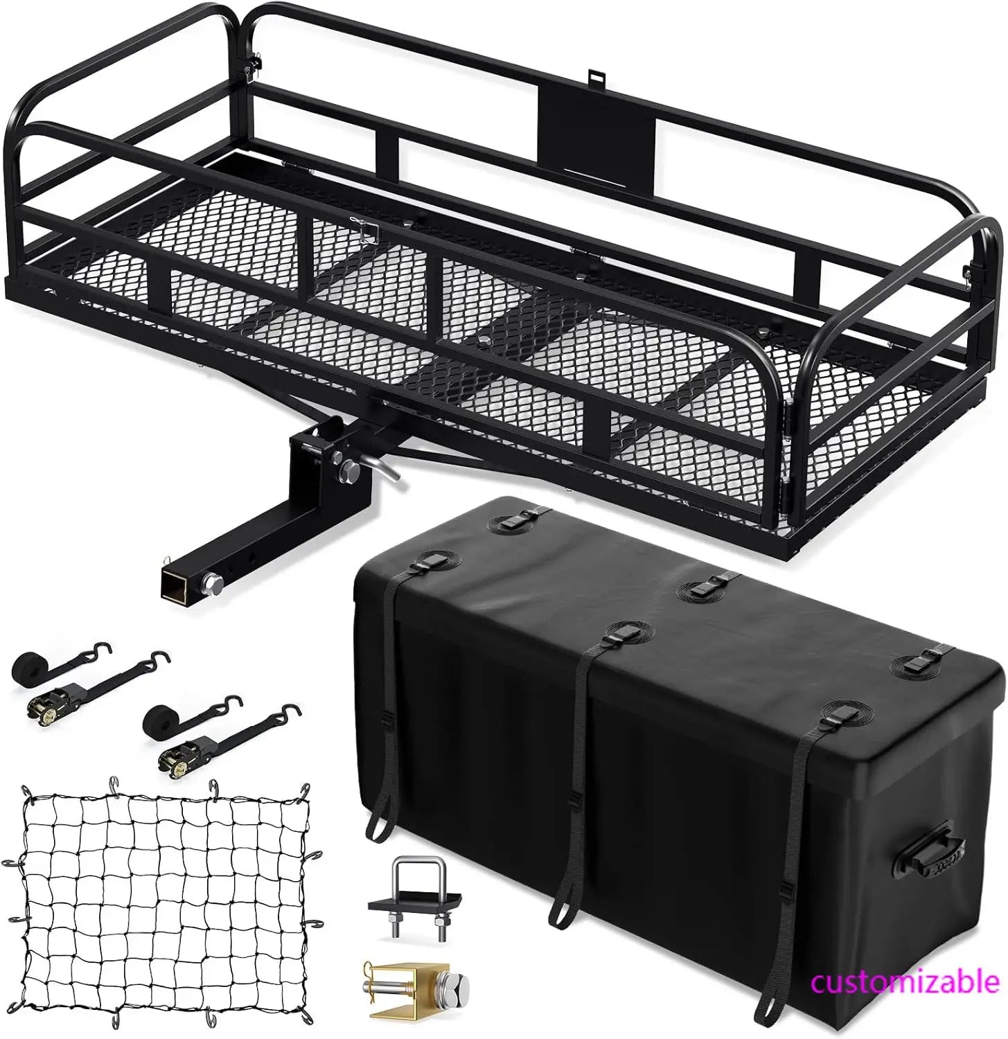 Hitch Cargo Carrier with 500 LBS Capacity, 60 x 24 x 14 Basket, Fits 2 Receivers, Includes Waterproof Bag and Cargo Net
