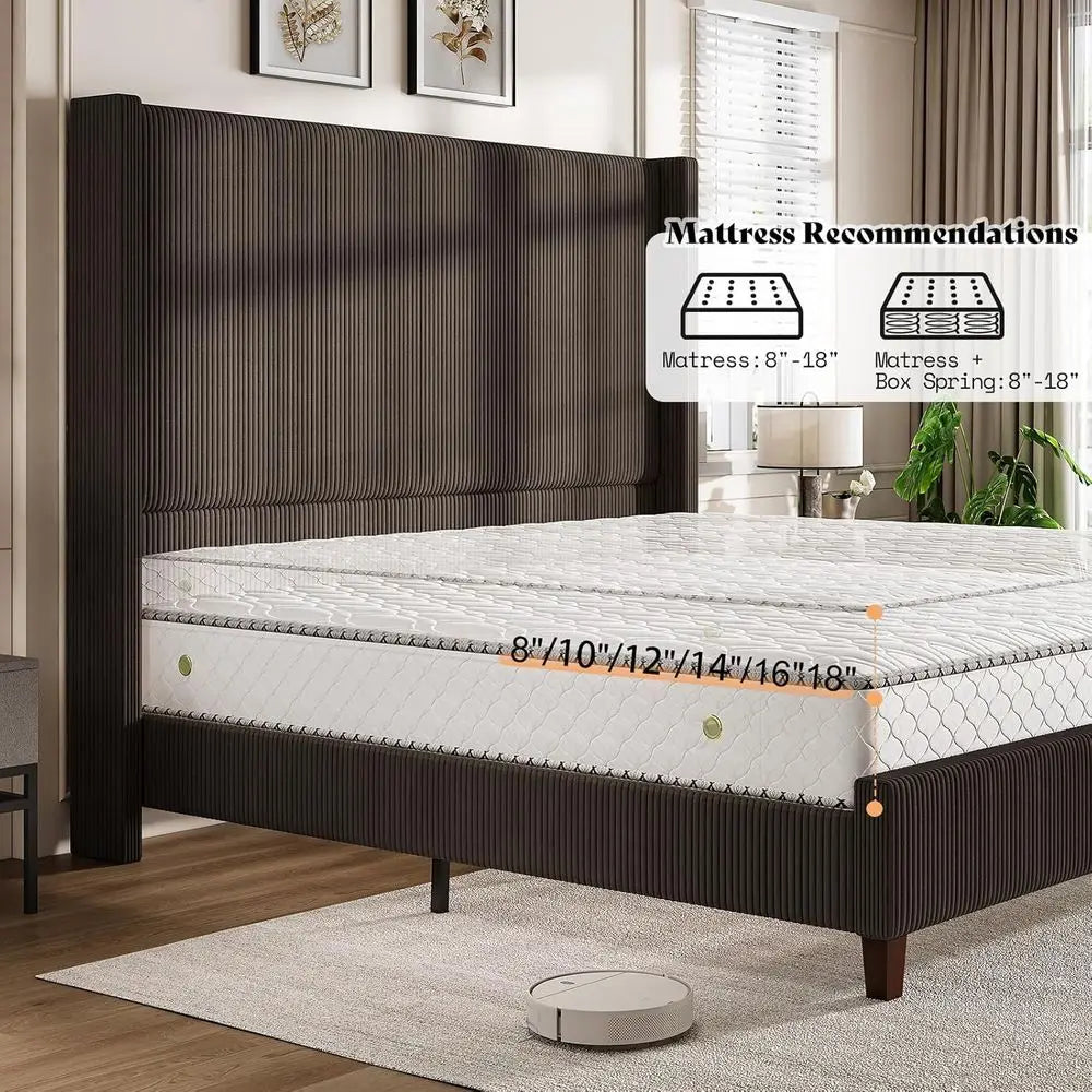 Chestnut 62 Corduroy Platform Bed Frame with Tall Wingback Headboard, No Box Spring Needed