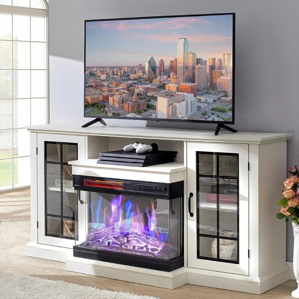 3-Sided Glass Fireplace TV Stand for TVs up to 65'' with 12 Color, Media Entertainment Center Console Table with Doors