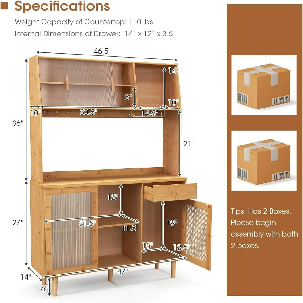 69-inch Bamboo Pantry Cabinet with Storage, Drawers, Microwave Stand, and Glass Holder - Freestanding Buffet Style