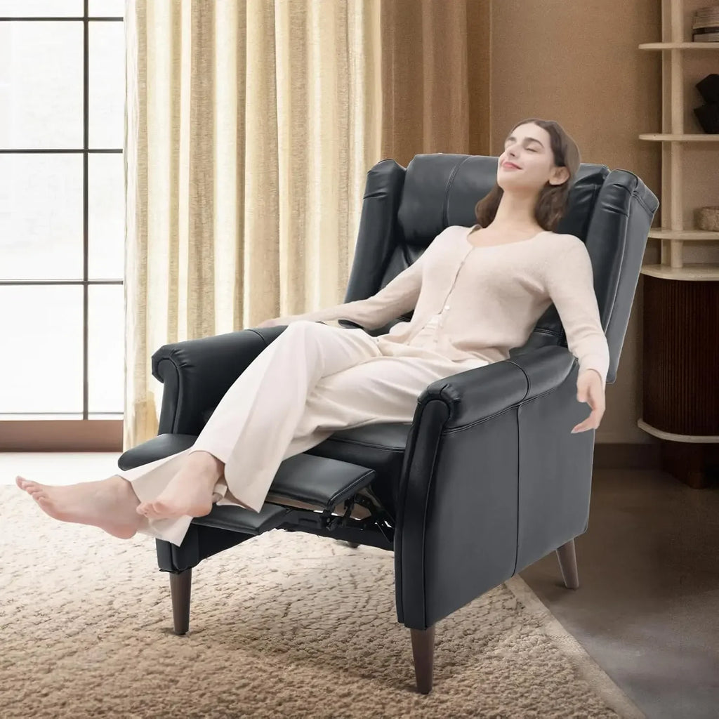 Wingback Pushback Recliner Chair, Modern Upholstered Leather Living Room Chair Armchair with Button Tufted Back, Black