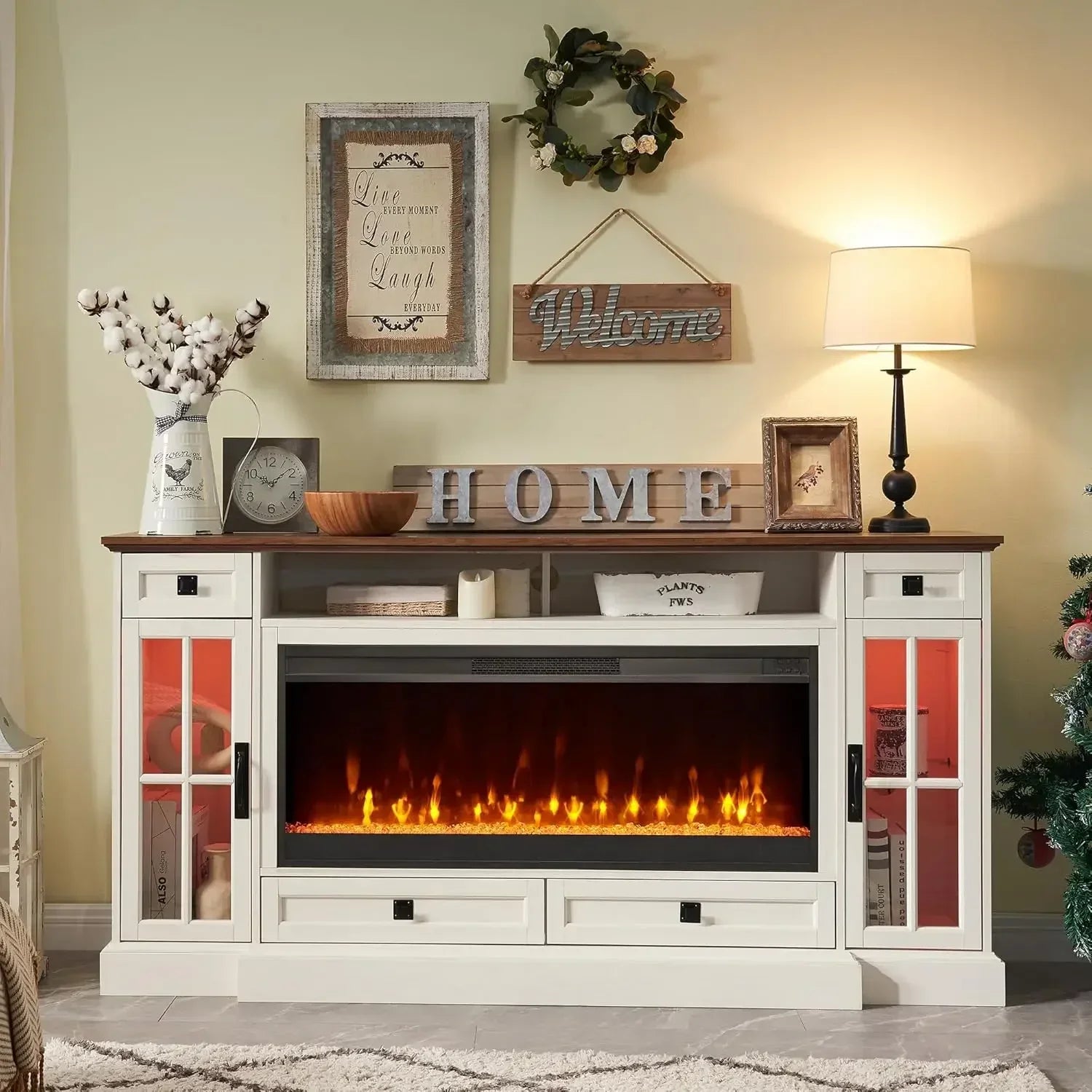 Fireplace TV Stand for 80 Inch TV, with 42" Fireplace & LED Lights, Storage Drawers  Living Room, Antique White