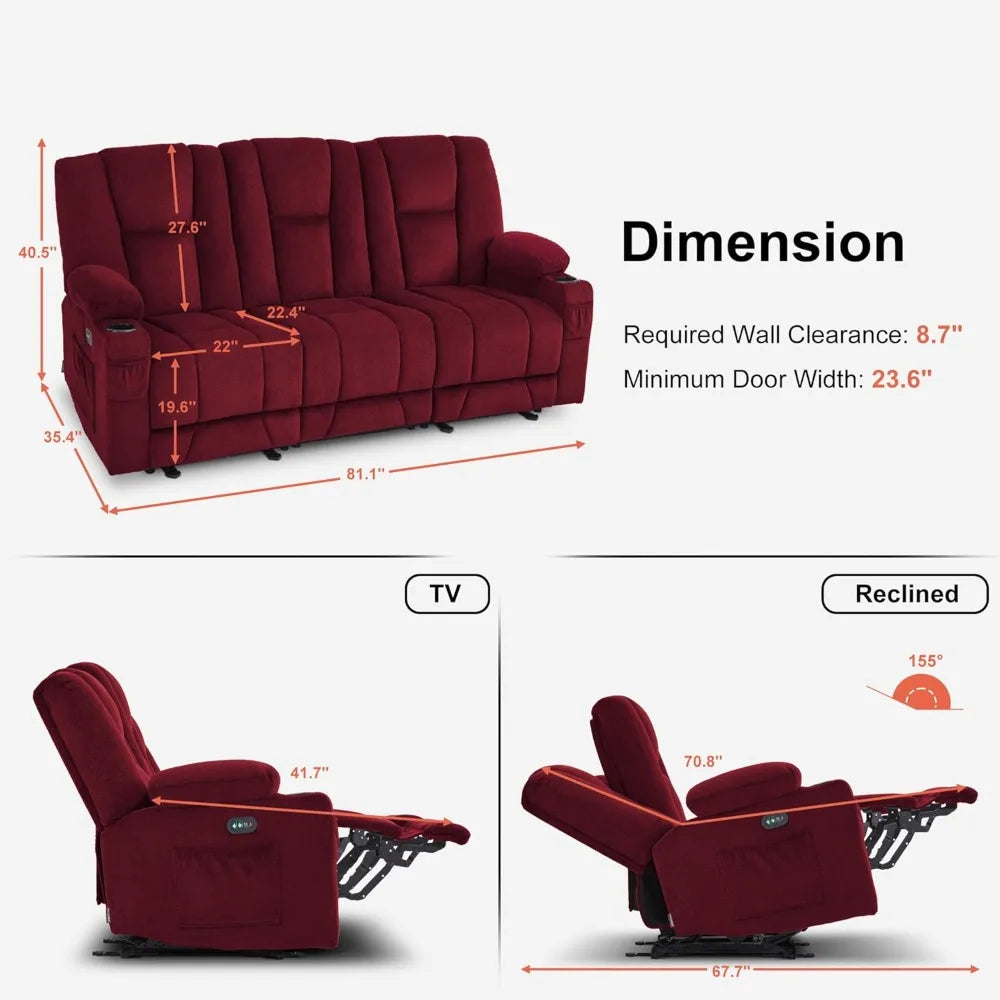 "3-seater zero gravity reclining sofa with heat and vibration massage, usb ports and cup holders for living room"