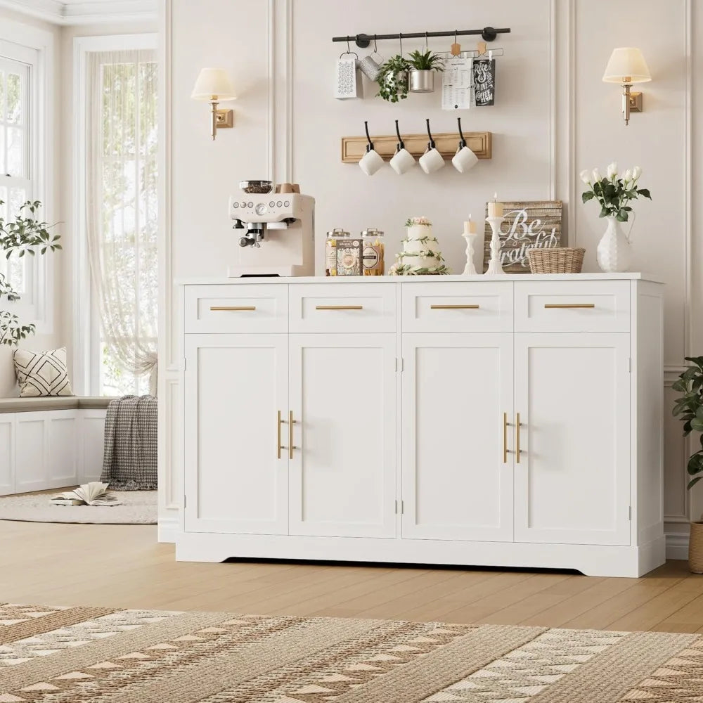 60" Modern Buffet Cabinet with 4 Drawers, Gold Handles, White Kitchen Storage Sideboard