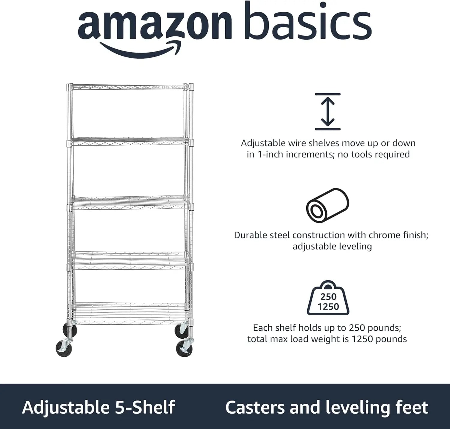 5-Shelf Adjustable, Heavy Duty Storage Shelving Unit on 4'' Wheel Casters, Metal Organizer Wire Rack, 30" L x 14" W x 64.8" H