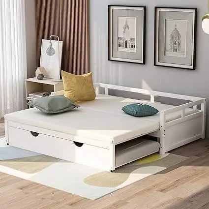 Expandable Daybed with Trundle Drawer, Twin to King Size Conversion, Solid Pine Wood Bed with Slats