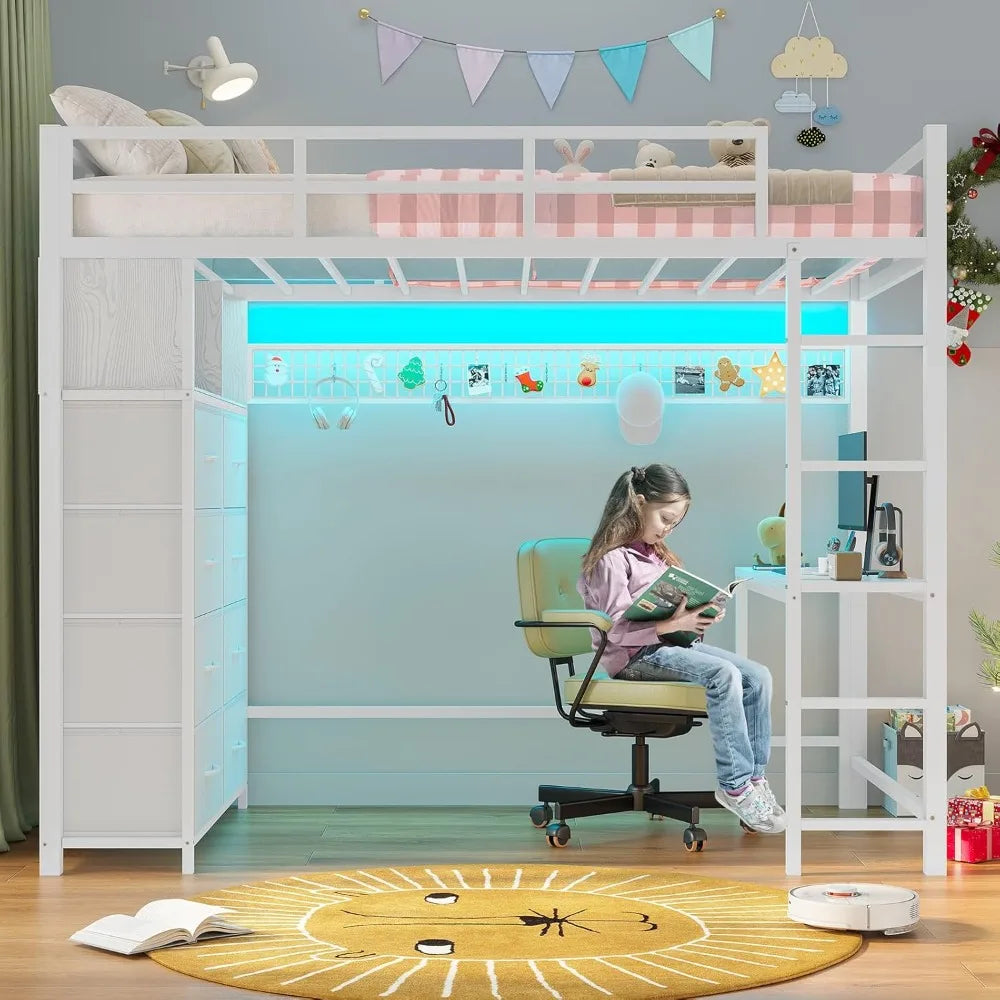 Twin Size Loft Bed with Integrated Desk, Eight Storage Drawers, Metal with Twin Mattress, LED Lights, and Charging Station