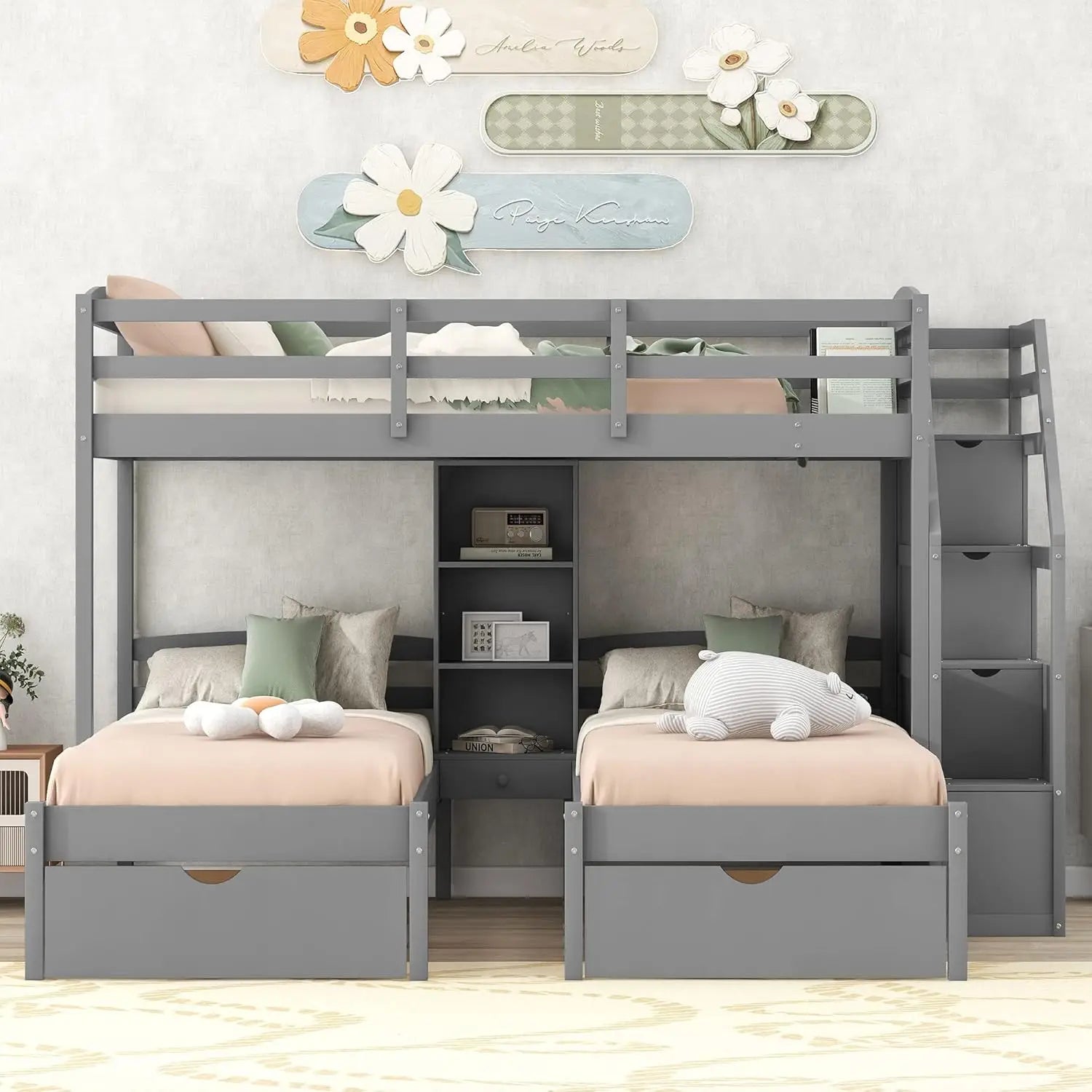 Harper & Bright Designs Woodentriple Bunk Beds With Stairs & Storage Drawers,Twin Over Twin Bunk Bed For 3 Kids, 3 Bunk Beds