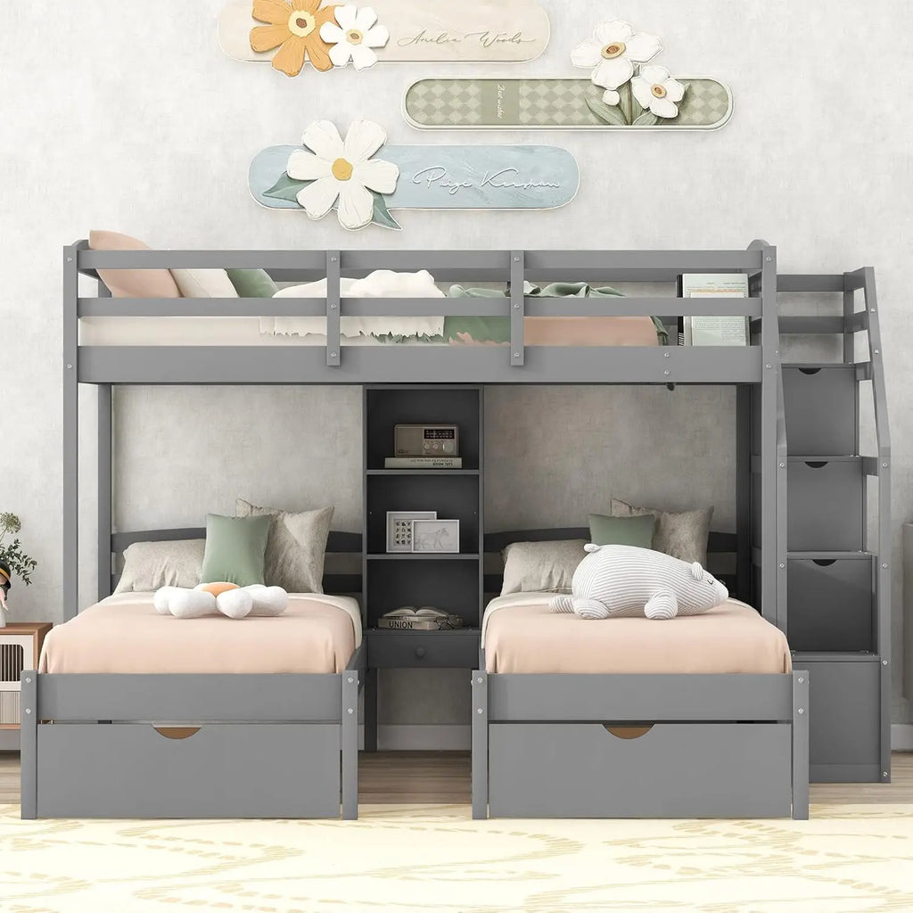 Harper & Bright Designs Woodentriple Bunk Beds With Stairs & Storage Drawers,Twin Over Twin Bunk Bed For 3 Kids, 3 Bunk Beds